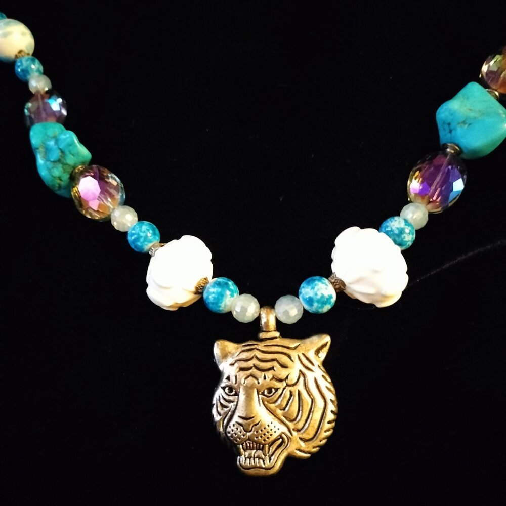Boho Tiger Pendant Stone Necklace w/REAL Raw Turquoise Sea Stone glass ceramic s